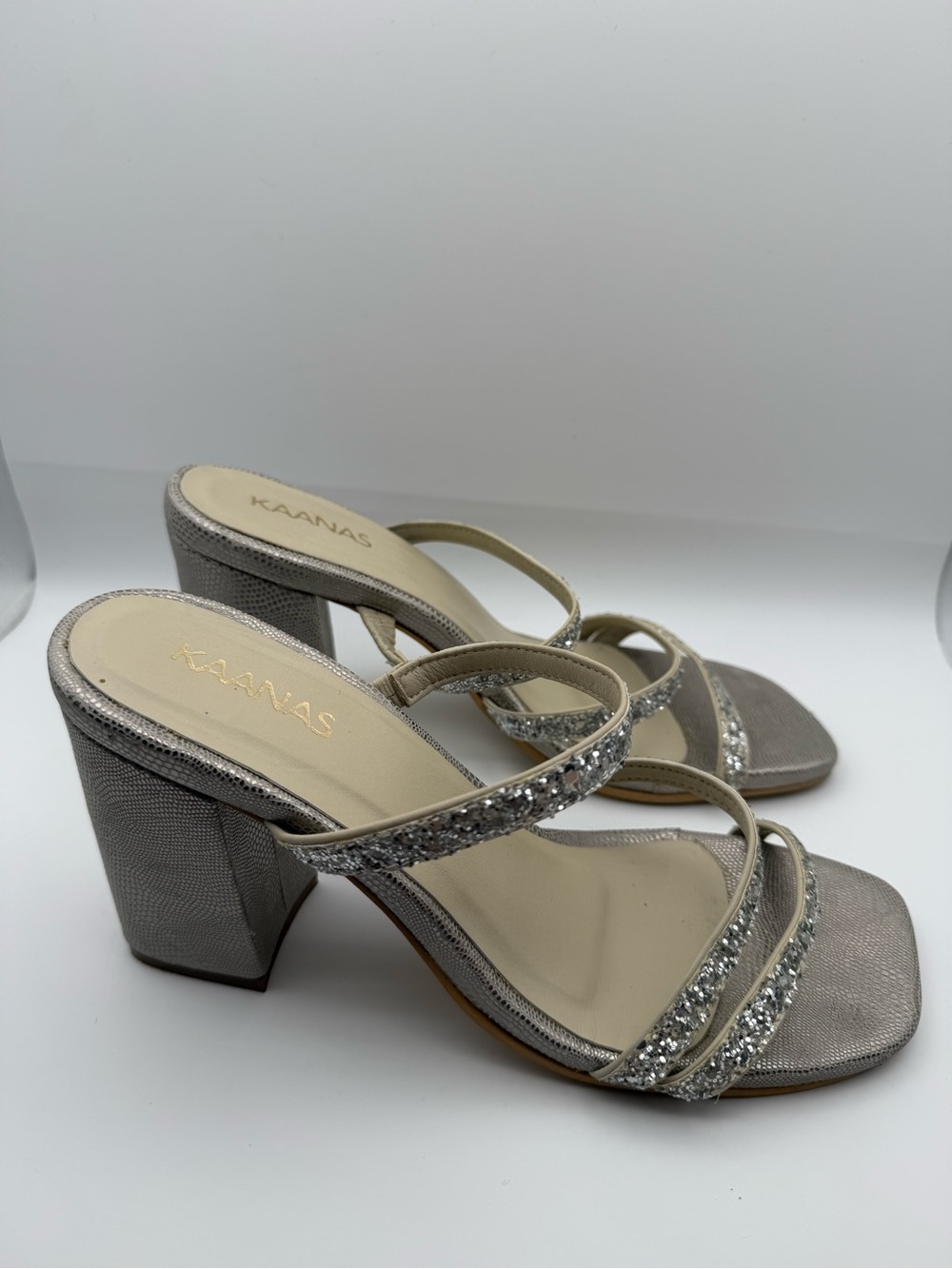 Kaanas Silver Glitter Strappy Block Heel Mules Size 7